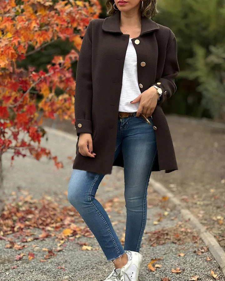 | Dam oversize Jacka med Large Fickor och Knapp Detaljer