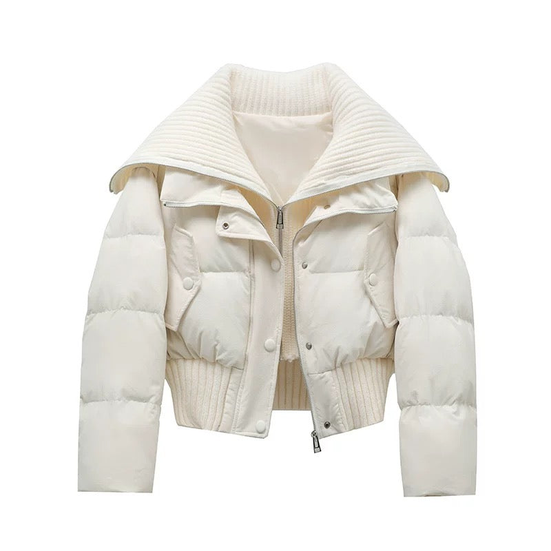 Dam Kort Puffer Vinter Jacka Vadderad med Ribbad Stickad Krage
