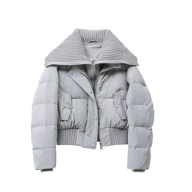 Dam Kort Puffer Vinter Jacka Vadderad med Ribbad Stickad Krage