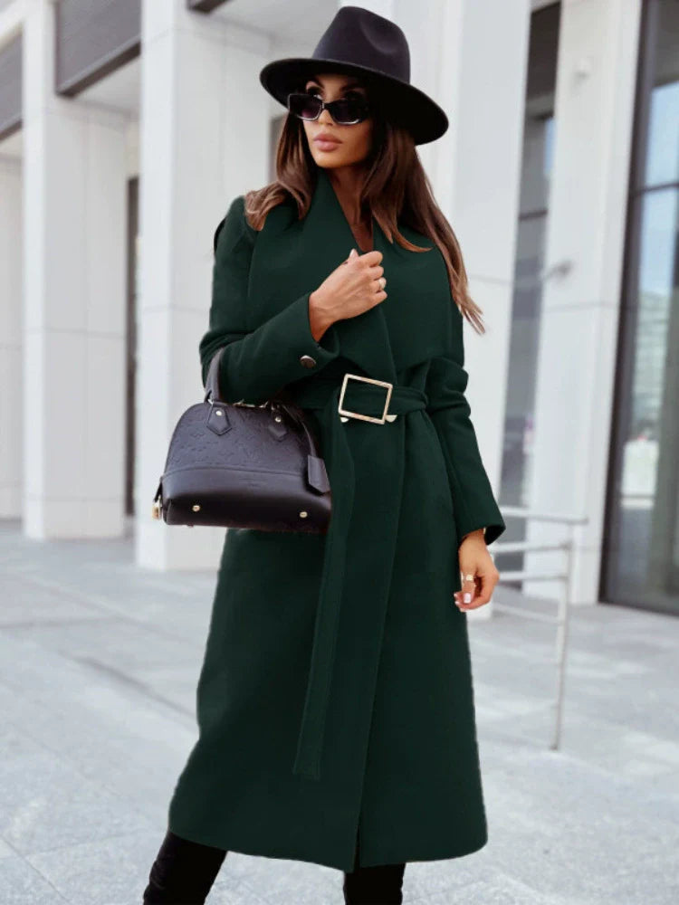| Dam Lång Jacka med Belt och Draped Lapel i Ull Look