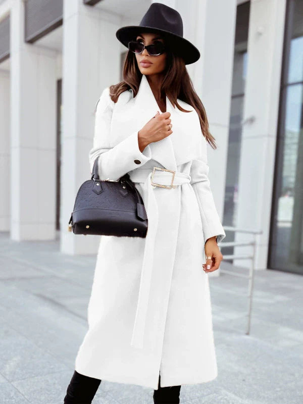 | Dam Lång Jacka med Belt och Draped Lapel i Ull Look
