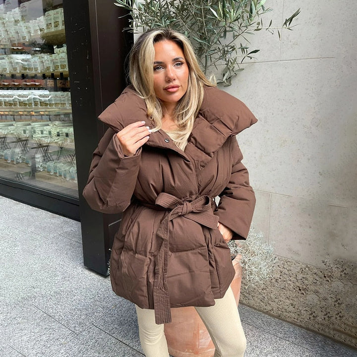 | Dam Thick vinterjacka med Belt och Hög Krage