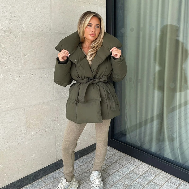 | Dam Thick vinterjacka med Belt och Hög Krage