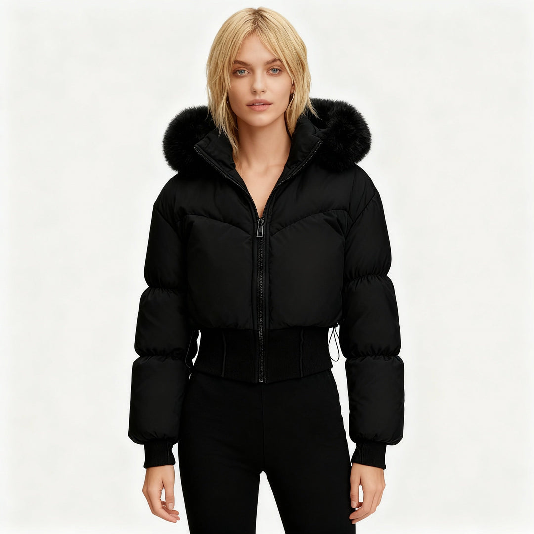| Dam Cropped Ner Jacka med avtagbar huva och Fusk Päls Trim
