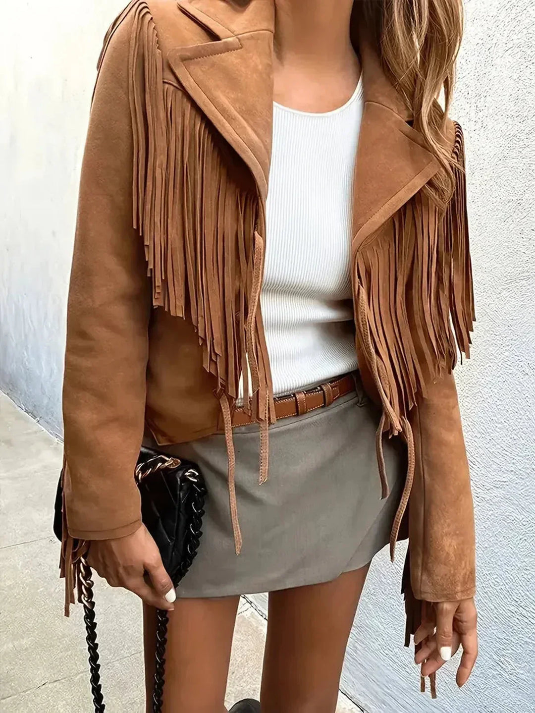 | Fringe Detalj Mocka skräddad Jacka Herwick