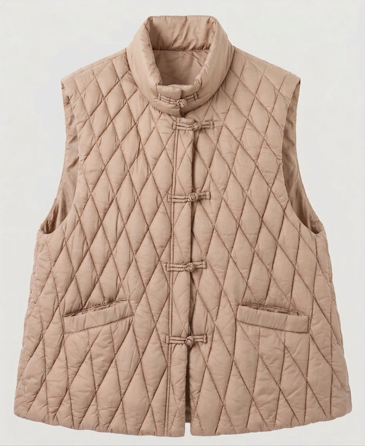 Dam Quiltad Sleeveless Jacka med Mandarin Krage och Dekorativ Knot Closures