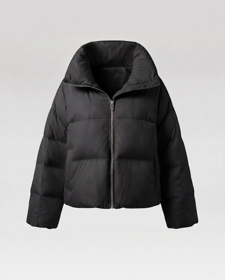 Dam Kort Quiltad Jacka med Oversize Huva, Lätt Termisk Filling, och Rounded Nederkant