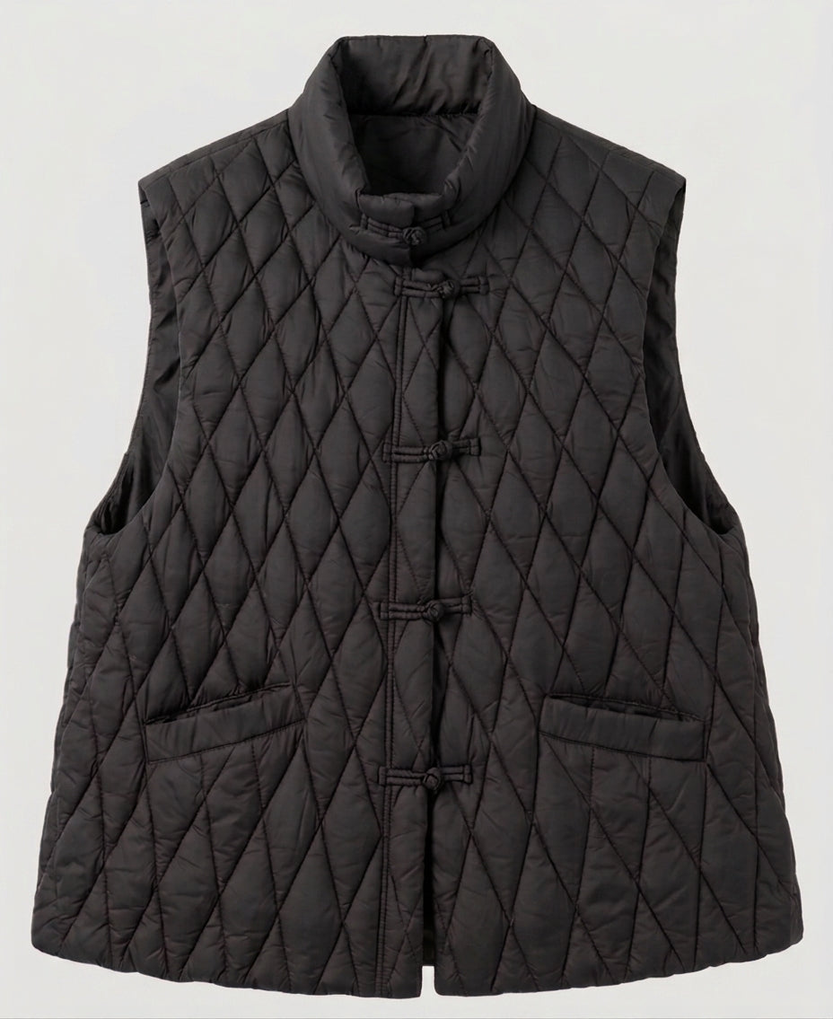 Dam Quiltad Sleeveless Jacka med Mandarin Krage och Dekorativ Knot Closures