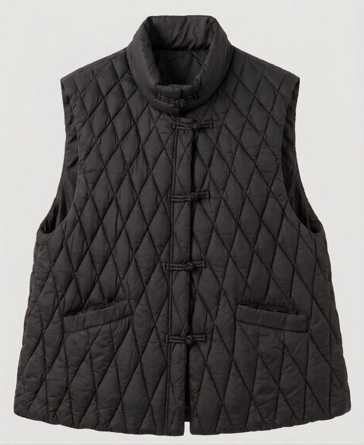 Dam Quiltad Sleeveless Jacka med Mandarin Krage och Dekorativ Knot Closures