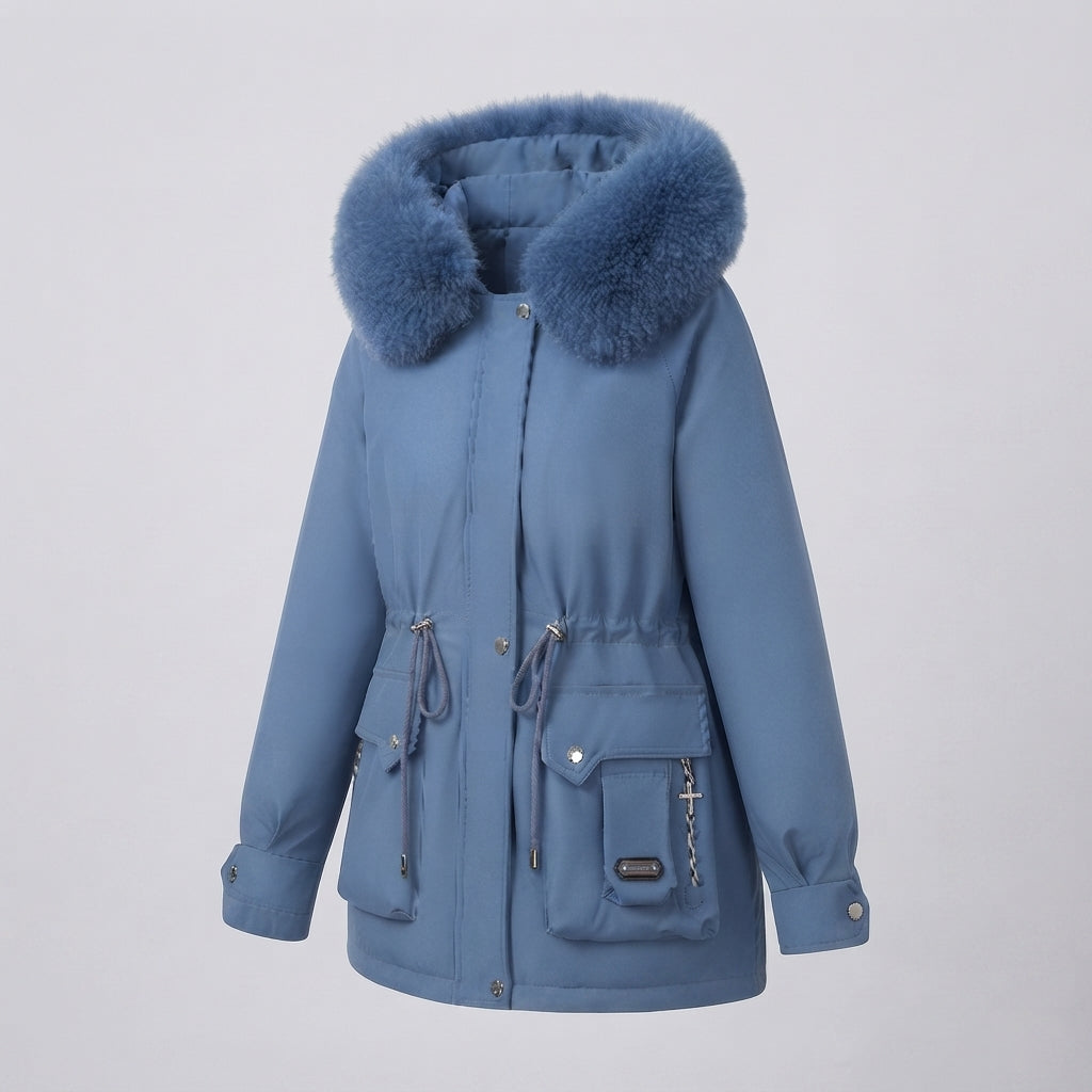 Dam Kort Isolerad Utility Parka med Modular Cargo Fickor och Voluminous Fur Krage