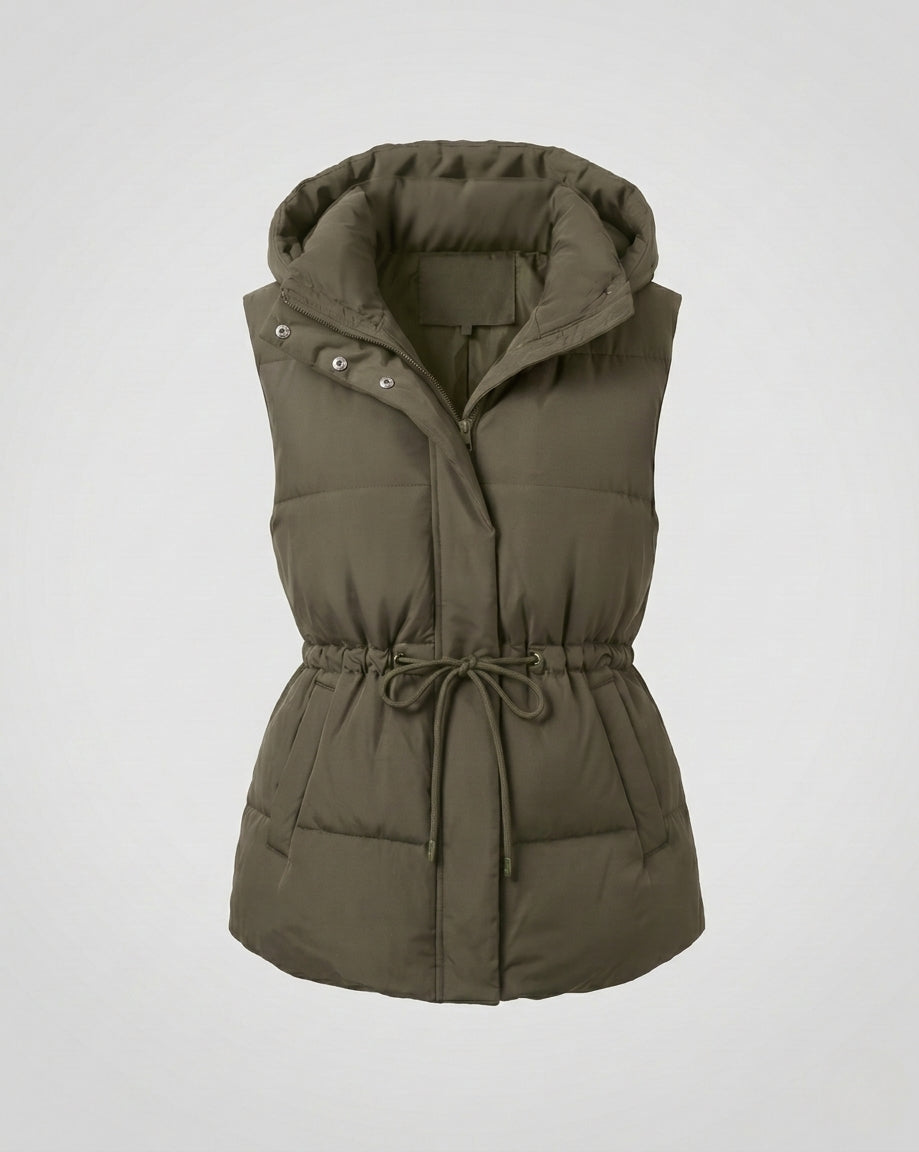 Dam Quiltad med Huva Väst med Waist Drawstring, Vadderad Termisk Filling, och Generous Side Fickor