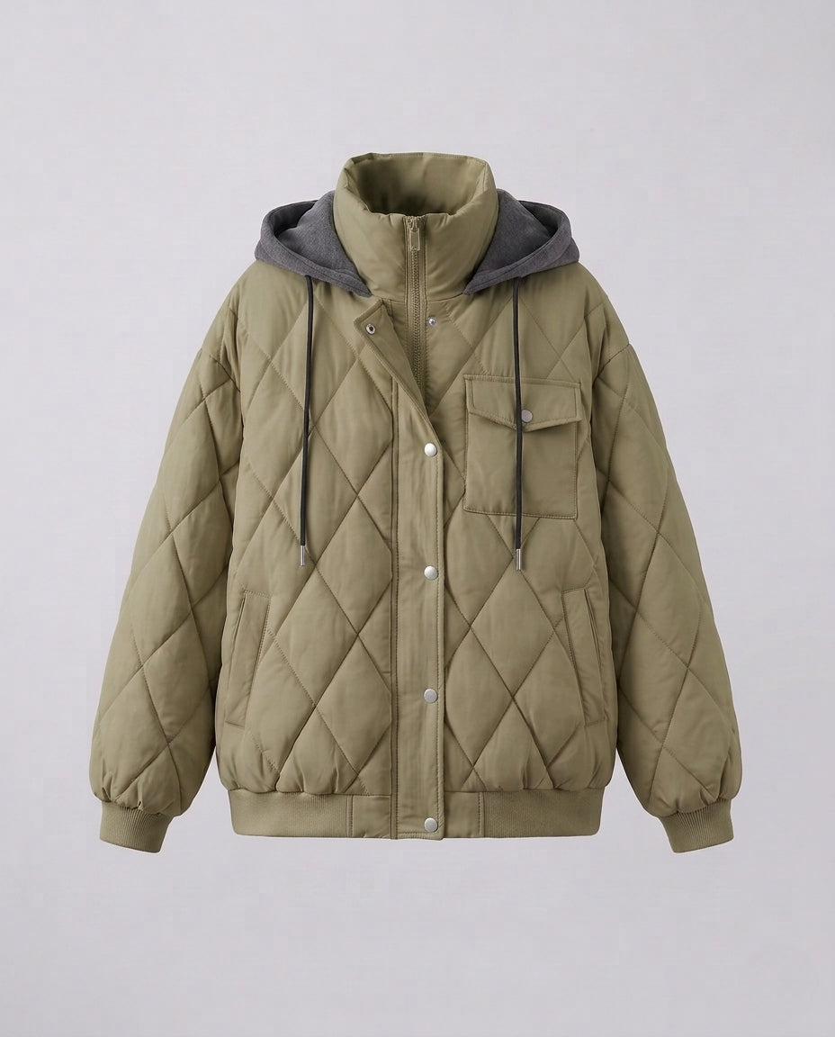 Dam Oversize Kort Jacka med Diamant Quilting, Stå Krage, och Lock Fickor
