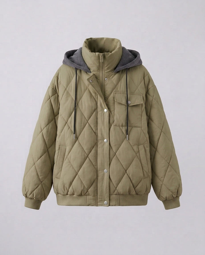 Dam Oversize Kort Jacka med Diamant Quilting, Stå Krage, och Lock Fickor