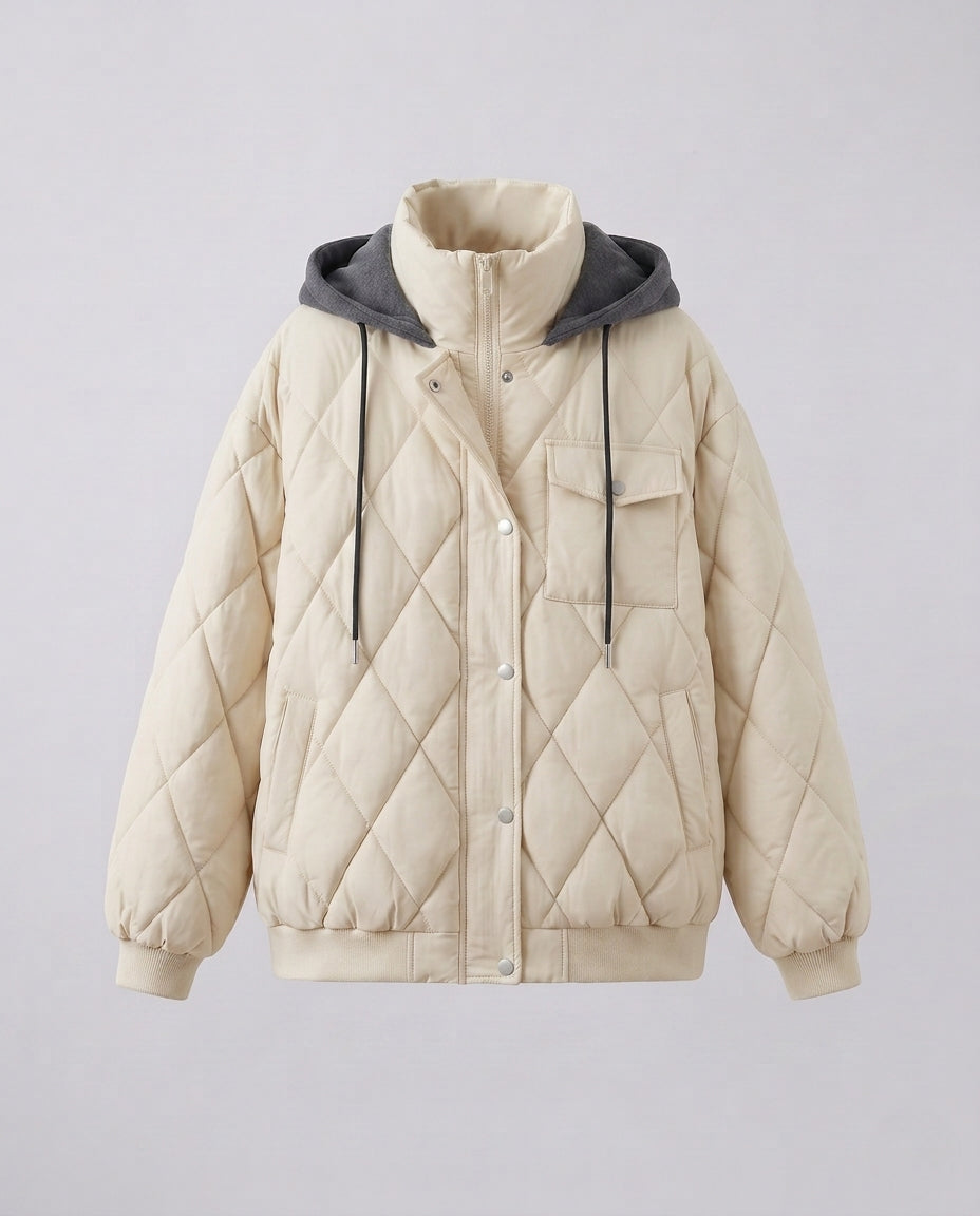 Dam Oversize Kort Jacka med Diamant Quilting, Stå Krage, och Lock Fickor