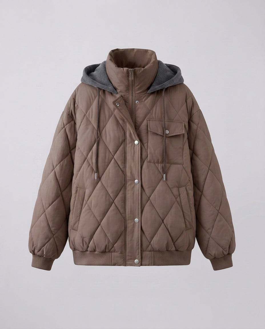Dam Oversize Kort Jacka med Diamant Quilting, Stå Krage, och Lock Fickor