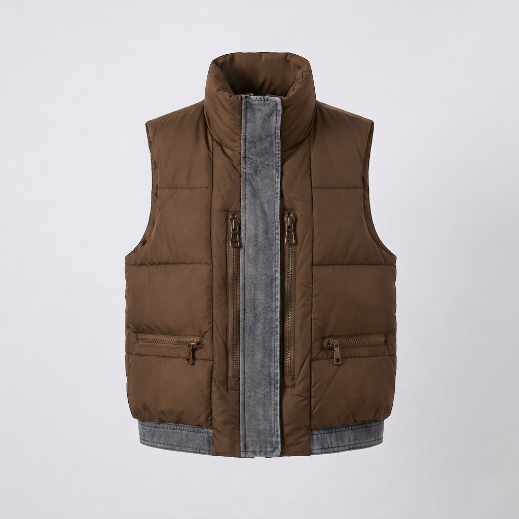 Dam Quiltad Sleeveless Quiltad Väst med Hög Krage, Jeans-Look Inner Lock och Dold Dragkedja Fickor