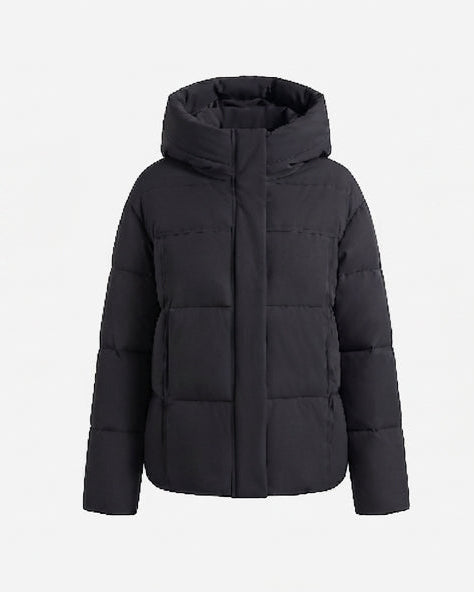 Dam kort boxy kviltad puffer med integrated huva och sido zip fickor