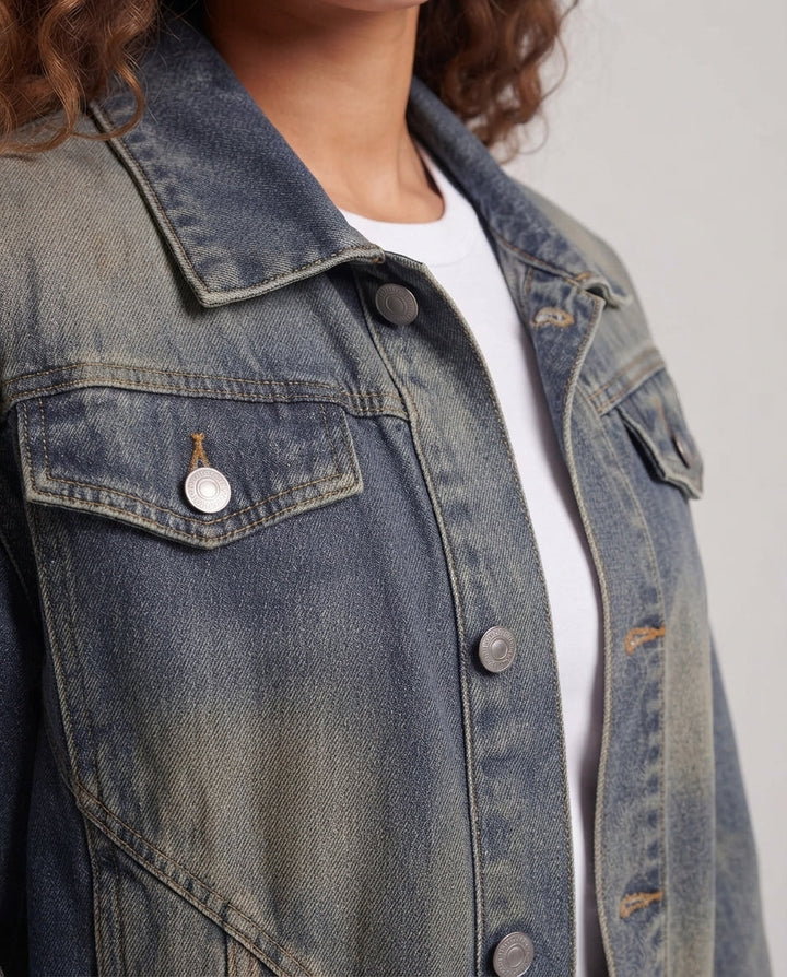 Dam oversize jeans jacka med elastic fåll, balloon ärmar &amp; shaped -seamed detaljer