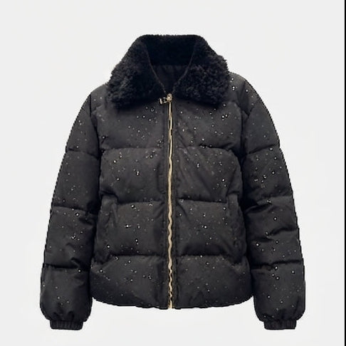 Dam Non-Vadderad Vadderad Jacka med Glitter Effect och Mysig Faux Fur Krage