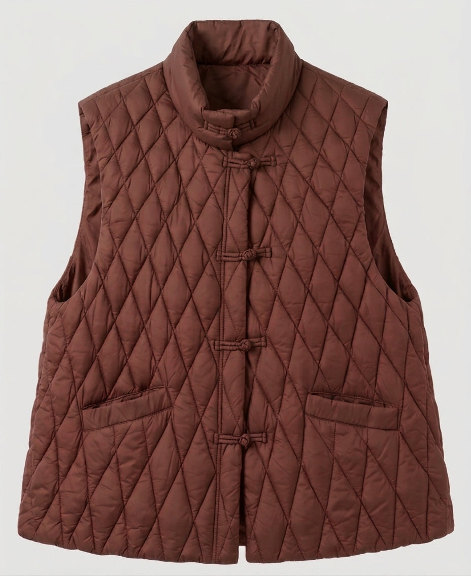 Dam Quiltad Sleeveless Jacka med Mandarin Krage och Dekorativ Knot Closures