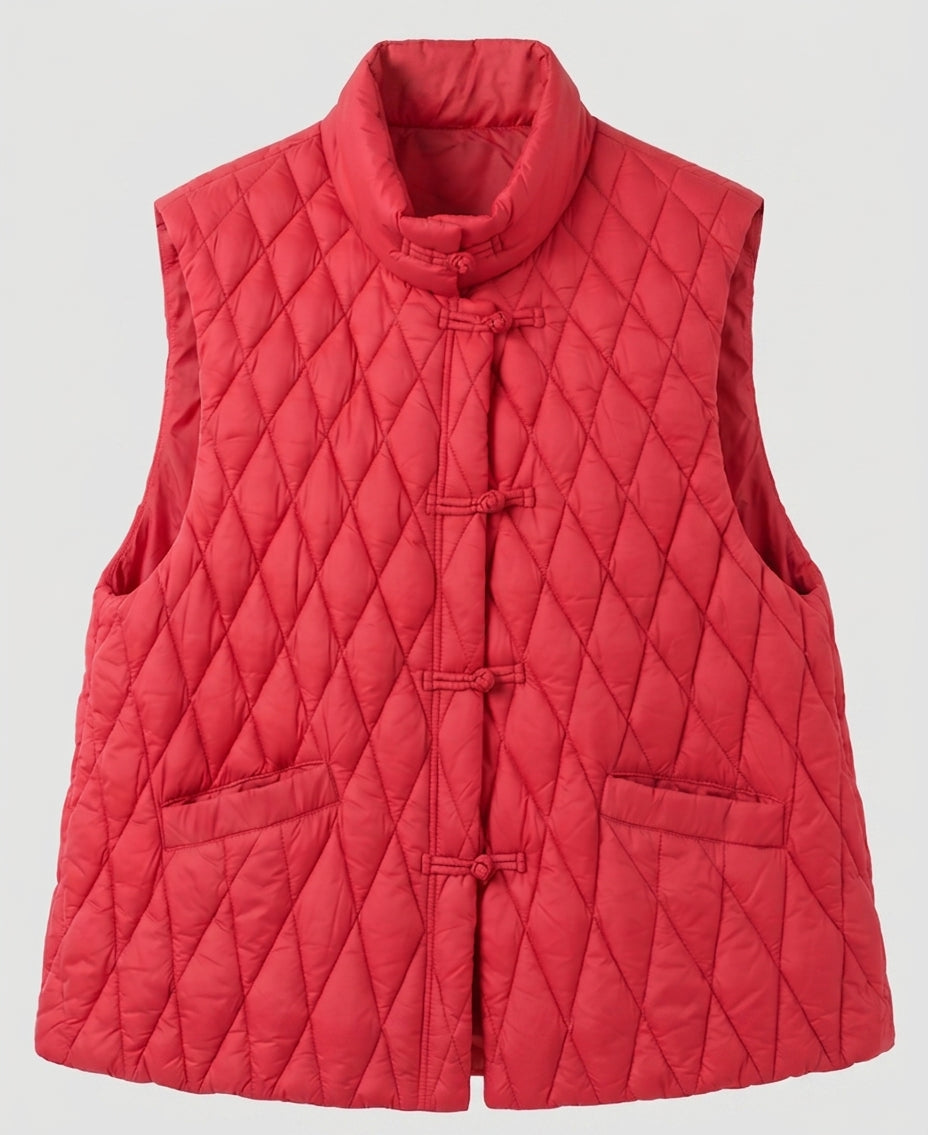 Dam Quiltad Sleeveless Jacka med Mandarin Krage och Dekorativ Knot Closures