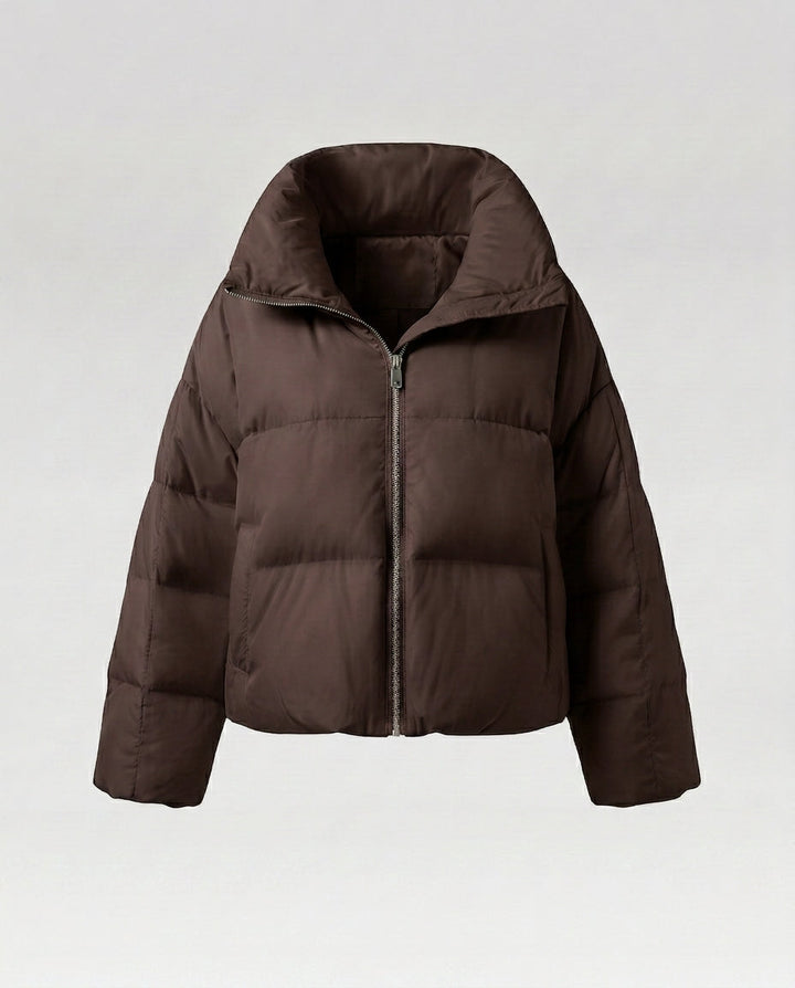 Dam Kort Quiltad Jacka med Oversize Huva, Lätt Termisk Filling, och Rounded Nederkant