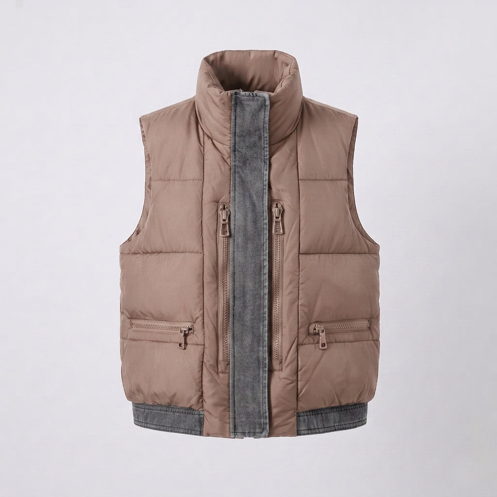 Dam Quiltad Sleeveless Quiltad Väst med Hög Krage, Jeans-Look Inner Lock och Dold Dragkedja Fickor