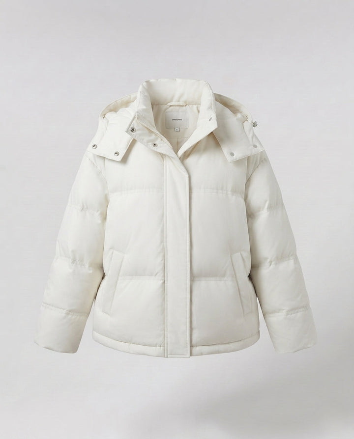 Dam Boxig Vadderad Kort Quiltad Anorak med Ergonomisk Huva Kant och Extra Stora Lock Fickor