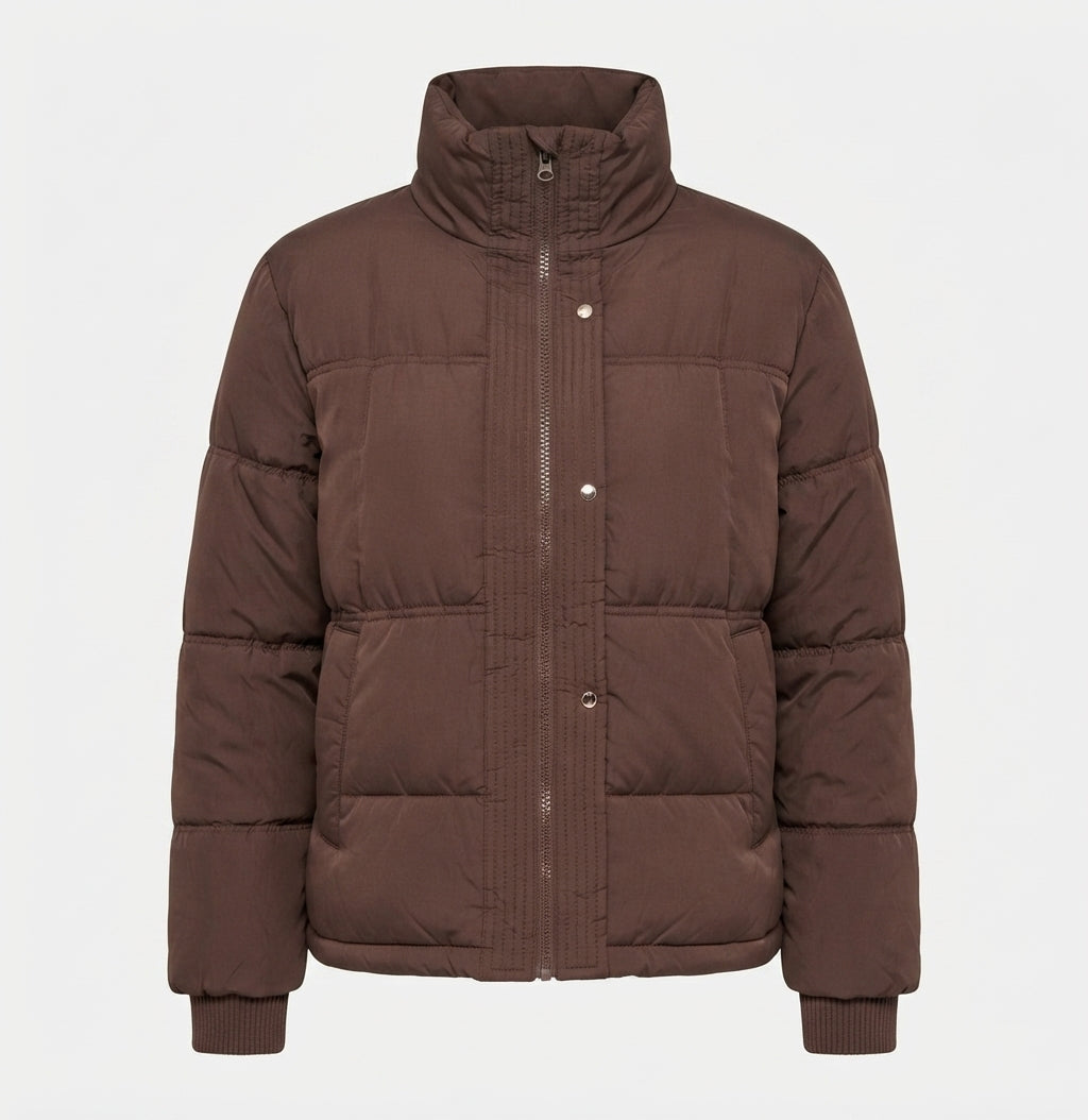 Dam Kort Boxig Puffer med Ergonomisk Stå Krage och Dold Tryckknapp Knapp Knäppning