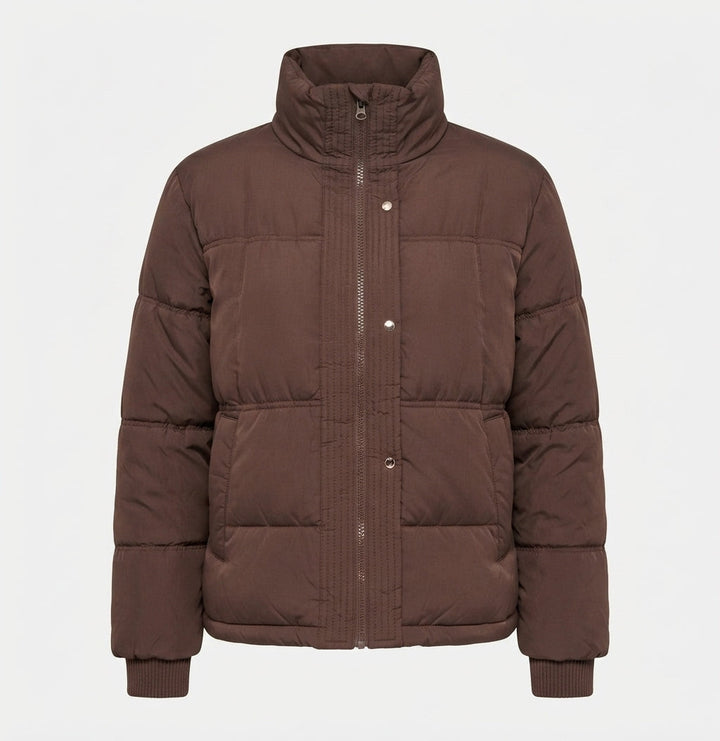 Dam Kort Boxig Puffer med Ergonomisk Stå Krage och Dold Tryckknapp Knapp Knäppning