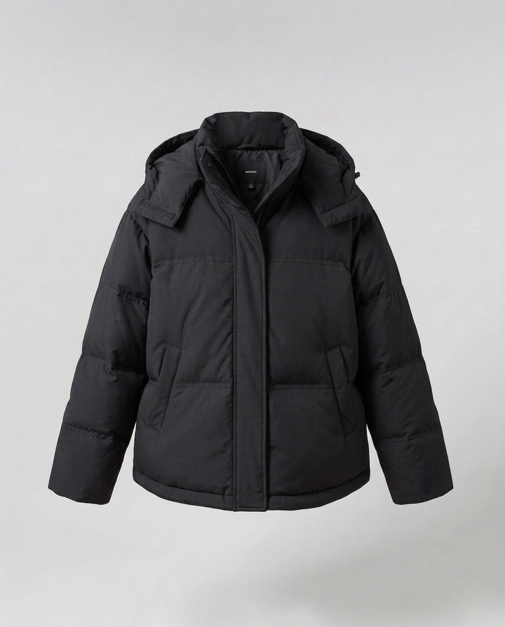 Dam Boxig Vadderad Kort Quiltad Anorak med Ergonomisk Huva Kant och Extra Stora Lock Fickor