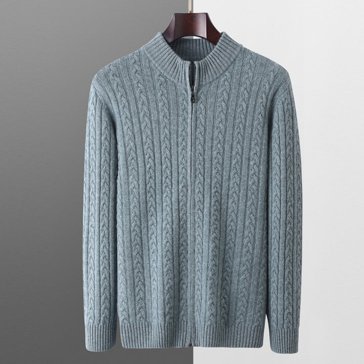Herr Chunky Stickad med Dragkedja Cardigan med Cable Mönster, Ståkrage och Oversized Skärning