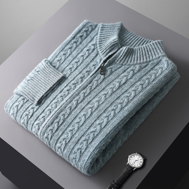 Herr Chunky Stickad med Dragkedja Cardigan med Cable Mönster, Ståkrage och Oversized Skärning