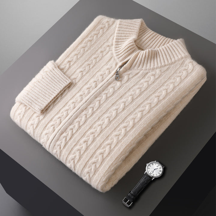 Herr Chunky Stickad med Dragkedja Cardigan med Cable Mönster, Ståkrage och Oversized Skärning