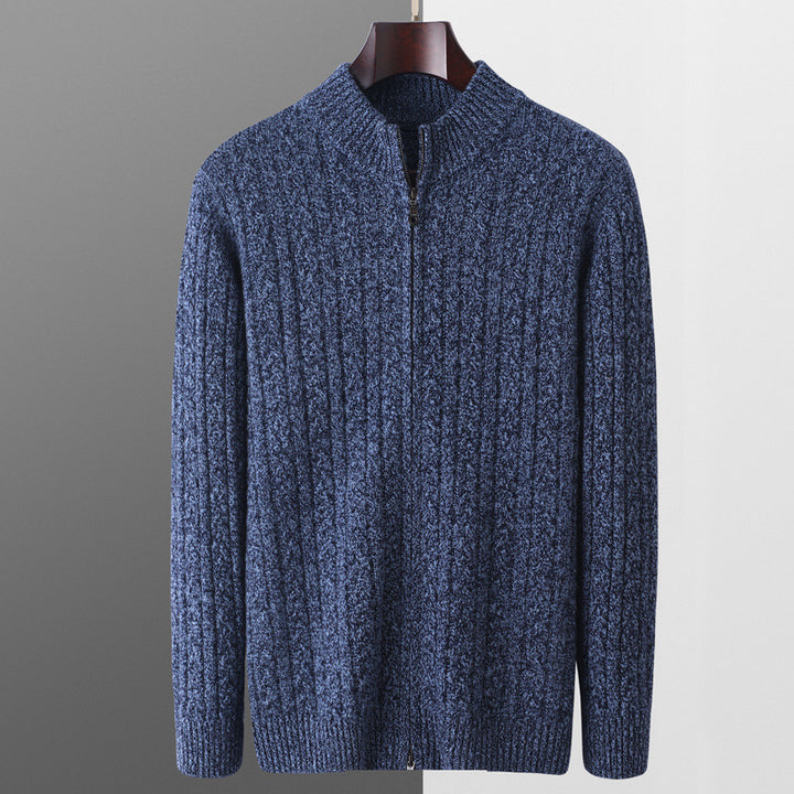 Herr Chunky Stickad med Dragkedja Cardigan med Cable Mönster, Ståkrage och Oversized Skärning