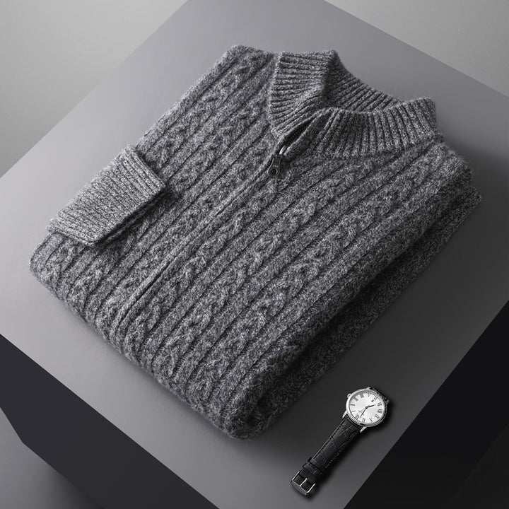 Herr Chunky Stickad med Dragkedja Cardigan med Cable Mönster, Ståkrage och Oversized Skärning