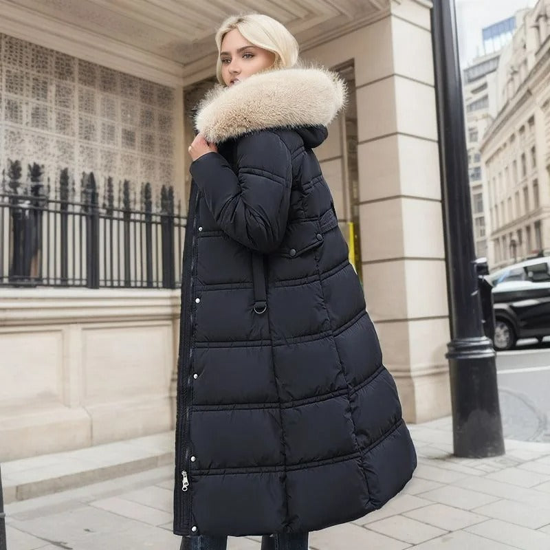 | Lång vinterjacka Puffer Design Fusk Päls Huva skräddad Belt värm och Insulating