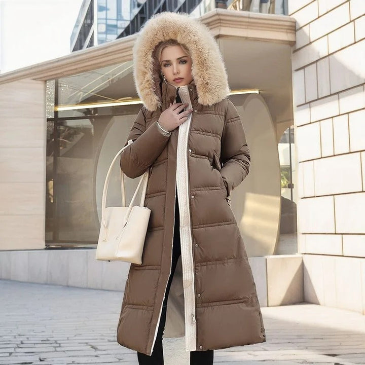 | Lång vinterjacka Puffer Design Fusk Päls Huva skräddad Belt värm och Insulating