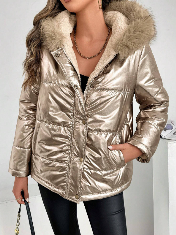 Dam Metallic Pufferjacka med Huva och Fur Krage