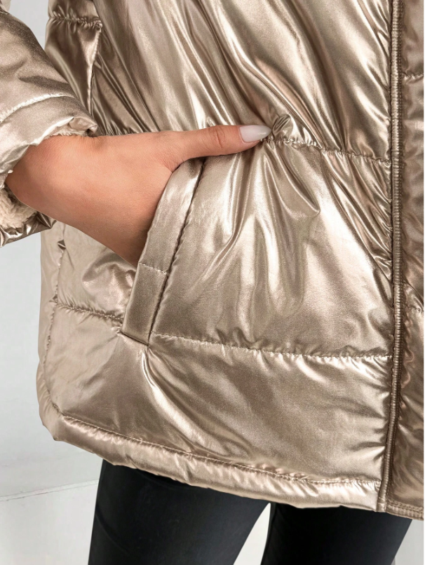 Dam Metallic Pufferjacka med Huva och Fur Krage