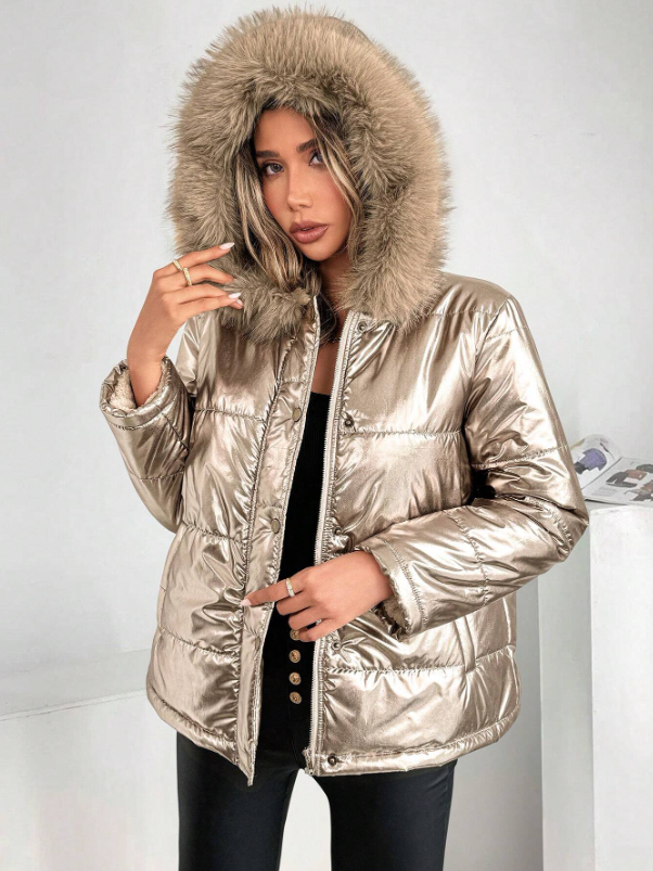 Dam Metallic Pufferjacka med Huva och Fur Krage