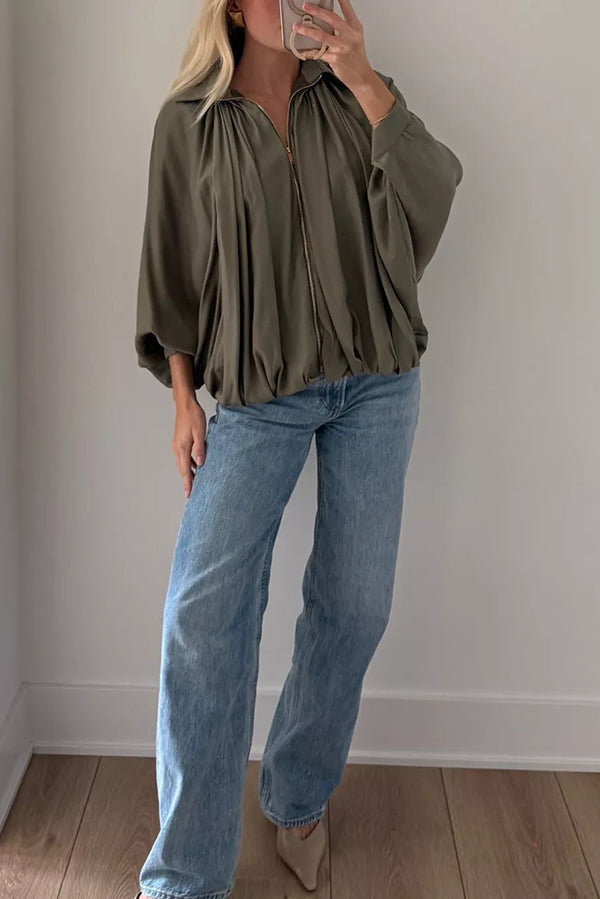 | Dam casual Jacka med Lapels Lång Puff Ärmar och Dragkedja