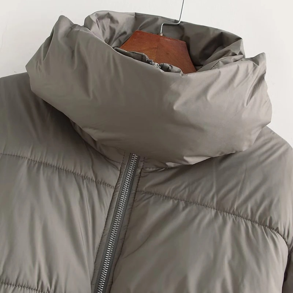 | Dam Kort pufferjacka med Hög Krage och Elastisk Waistbelt