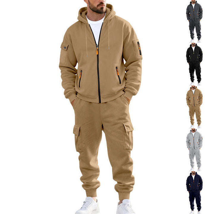 Herr Nano Urban Funktionell Cargo Sweat Set med Luvtröja, Zippered Fickor, och Tapered Cargo Jogger