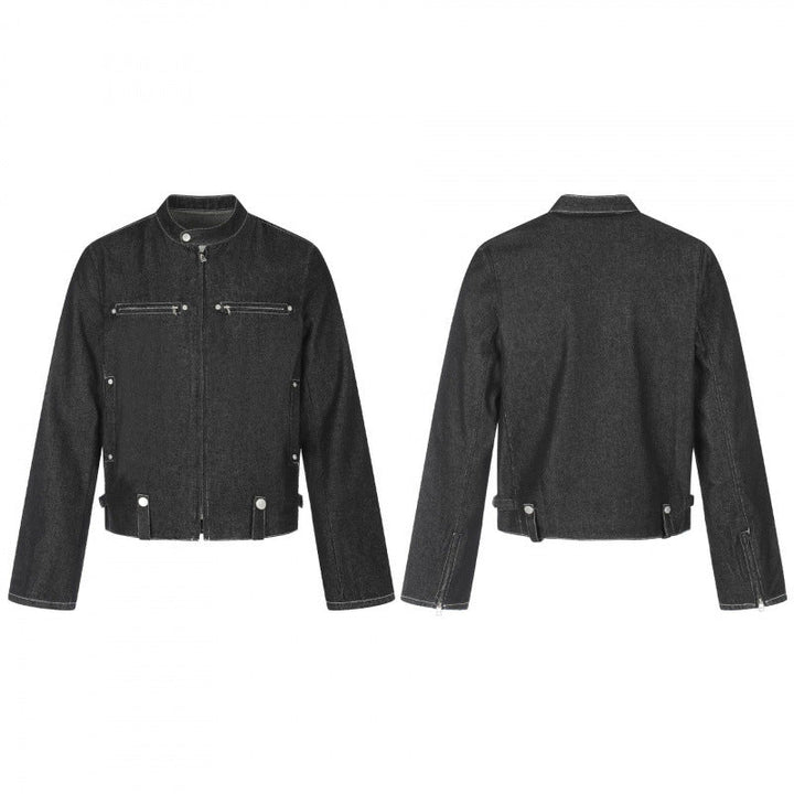 Herr kort skärning boxig denimjacka i arbeteer blouson stil med ståkrage och metall applikationer