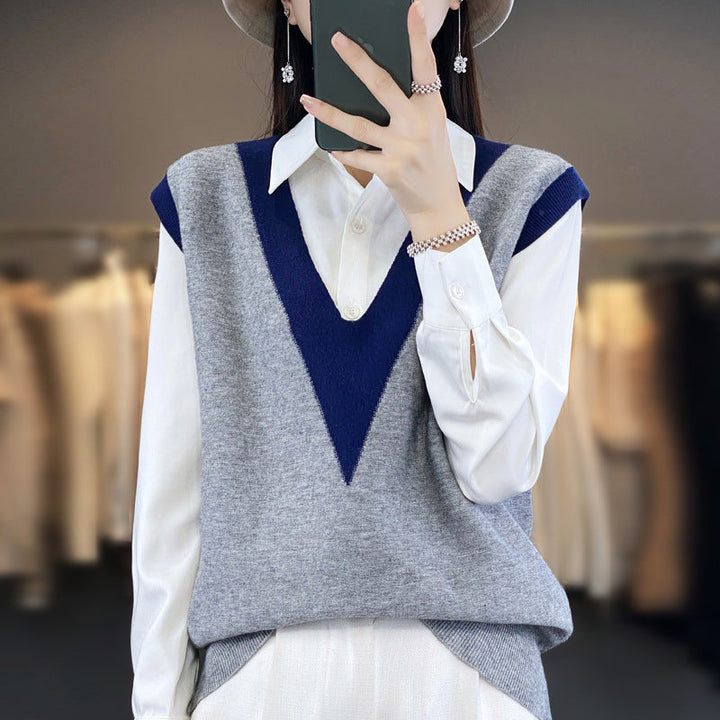 Dam Structured Fine Knit lång väst med Deep V-ringning och kontrasterande V-Panel