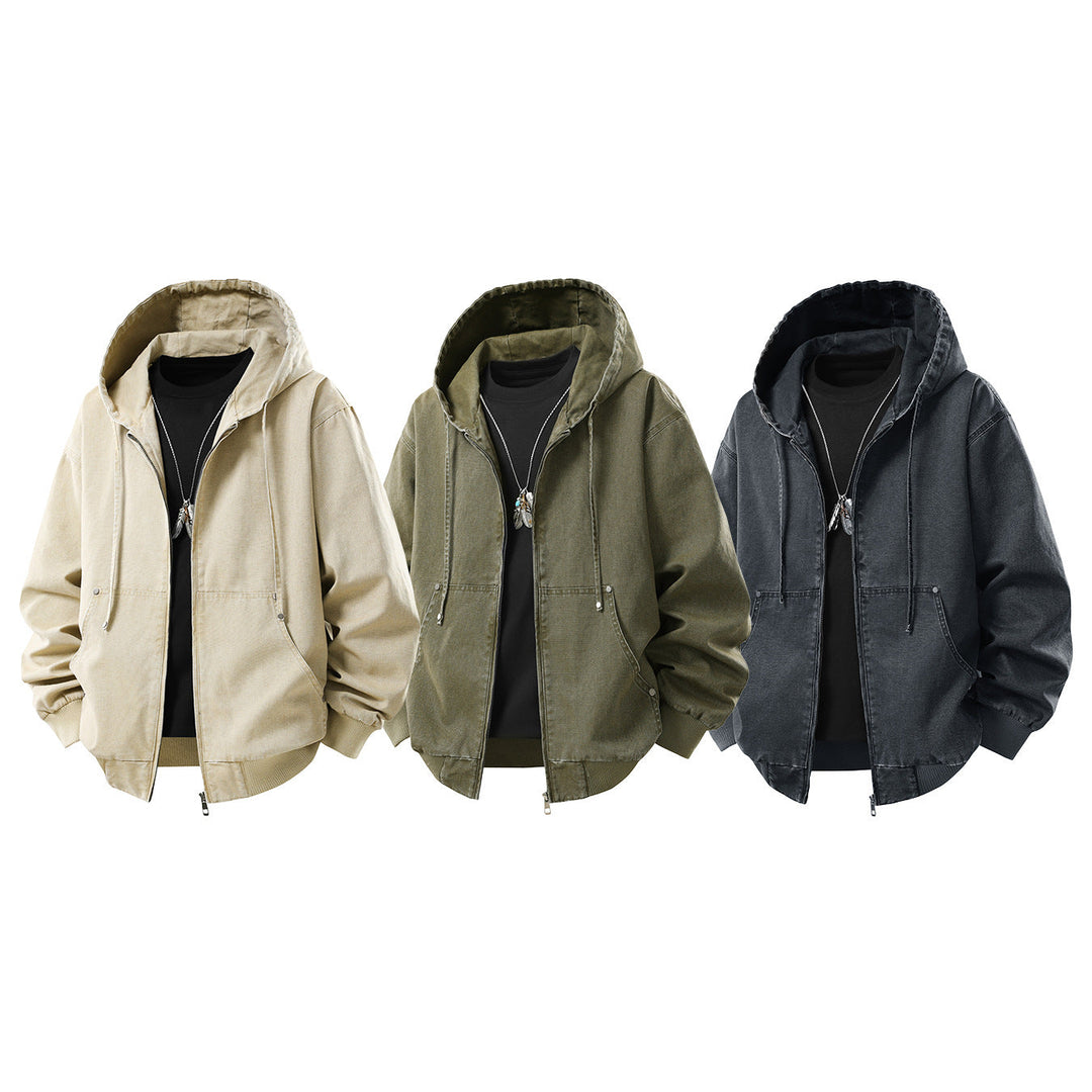 Herr Oversized Luvtröja Jacka Gjord av Washed Canvas med Dragkedja och Utility Fickor