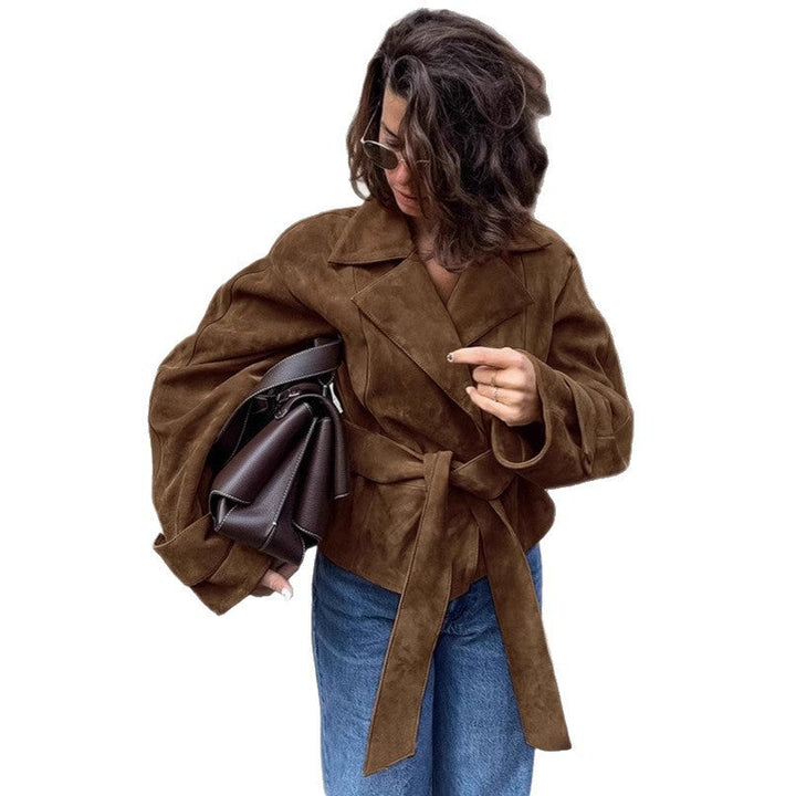 Dam skräddad mocka-look kort jacka med Wrap bälte och lång muddar