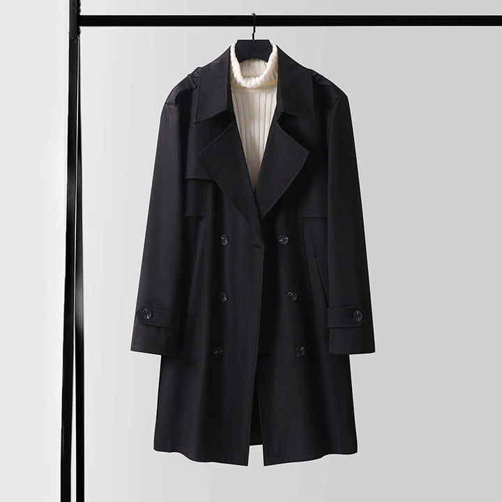 Dam Double-breasted kort trenchcoat gjord lätt ullblandning med a mjuk drape och shoulder flaps