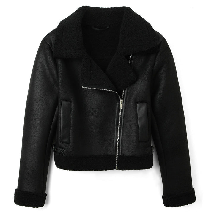 Dam kort pilot jacka in lambskin look med asymmetric dragkedja